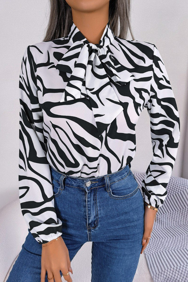 WOMEN COLOR ZEBRA PATTERN TIED NECN OFFICE BLOUSE