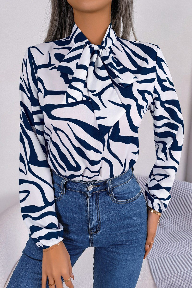 WOMEN COLOR ZEBRA PATTERN TIED NECN OFFICE BLOUSE