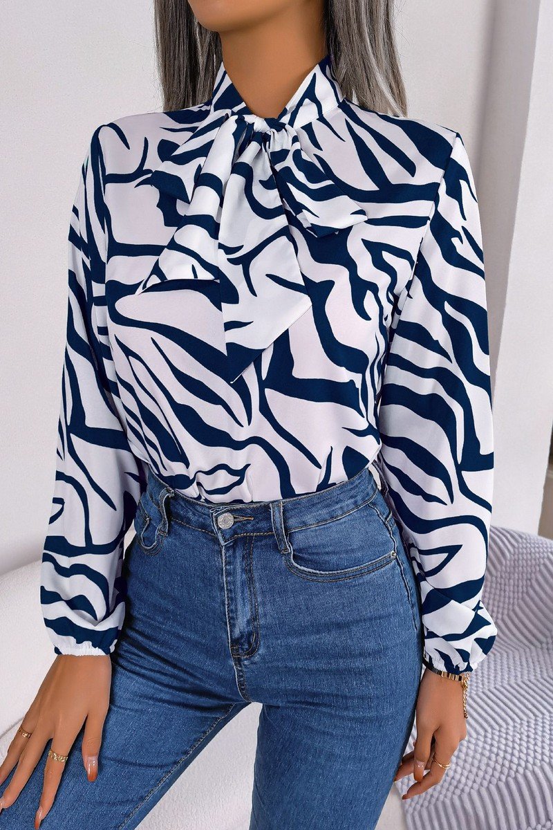 WOMEN COLOR ZEBRA PATTERN TIED NECN OFFICE BLOUSE