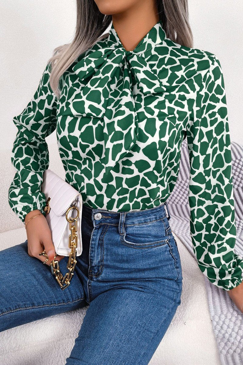 WOMEN LEOAPRD PATTERN TIED NECK OFFICE BLOUSE