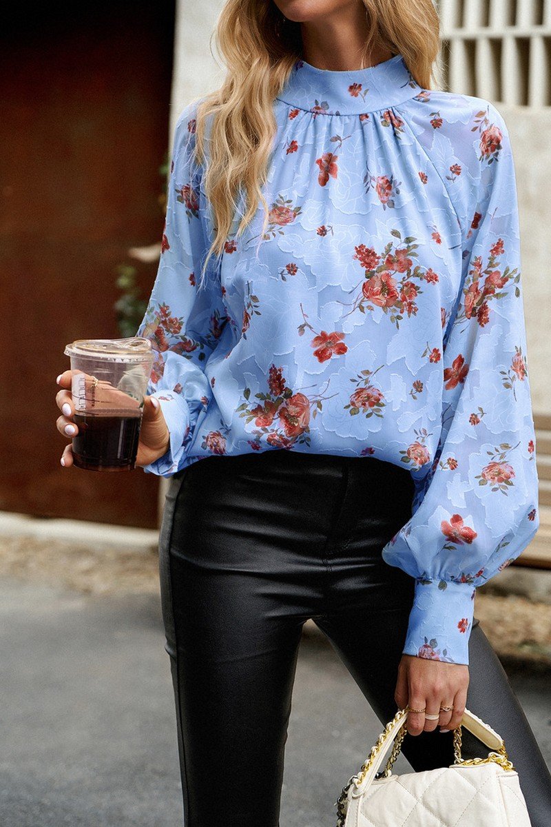 WOMEN LOOSE FIT HIGH NECK FLORAL PRINTING BLOUSE