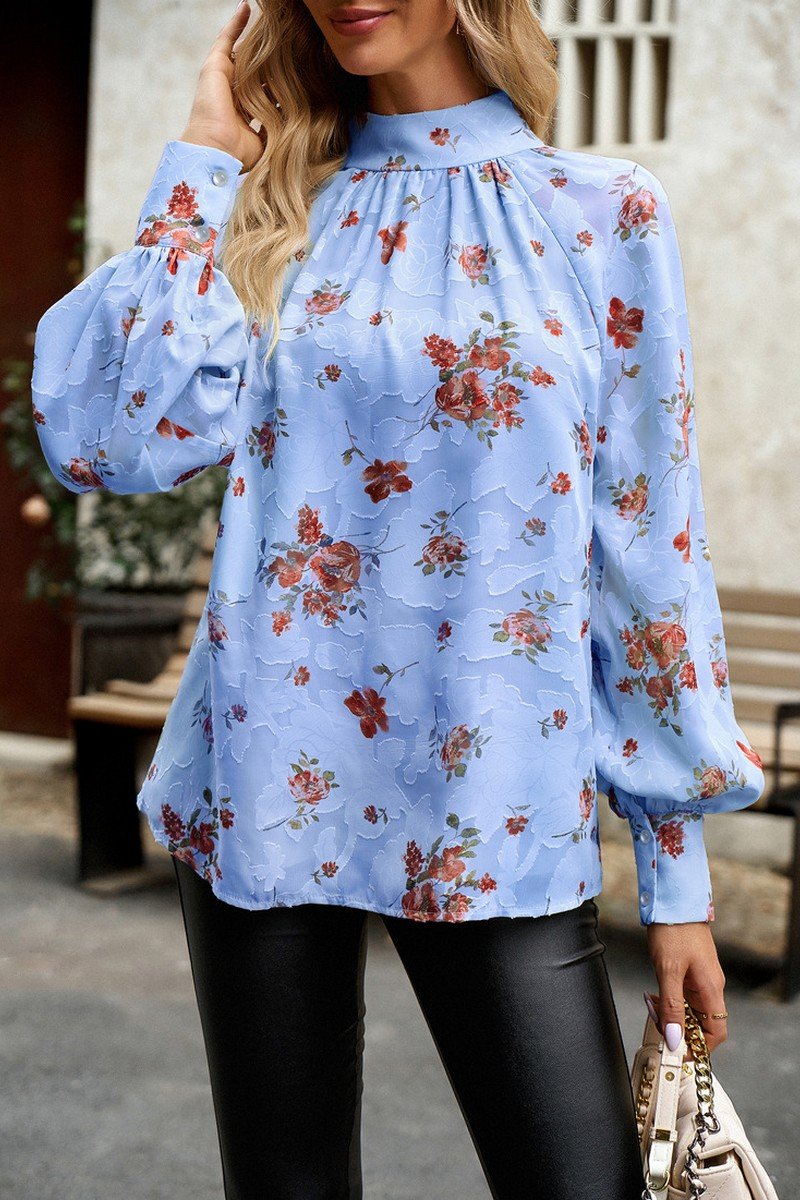 WOMEN LOOSE FIT HIGH NECK FLORAL PRINTING BLOUSE