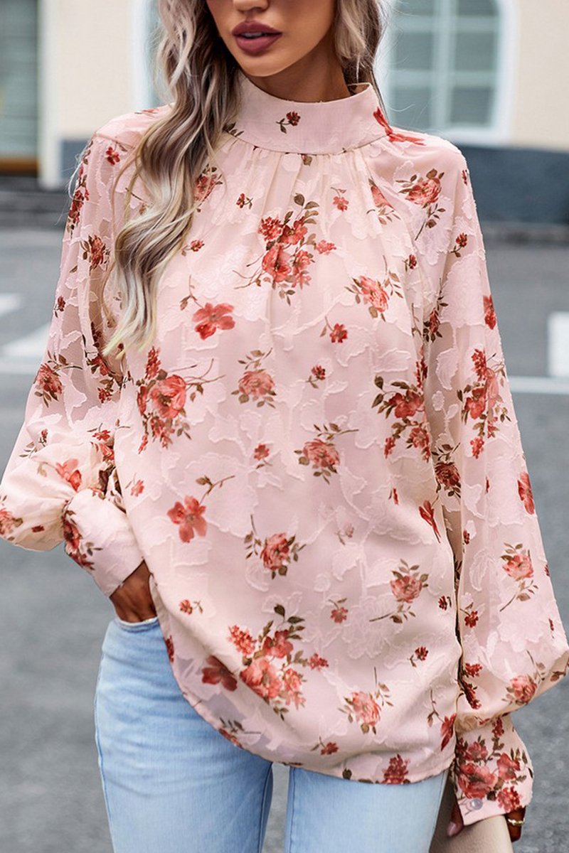 WOMEN LOOSE FIT HIGH NECK FLORAL PRINTING BLOUSE