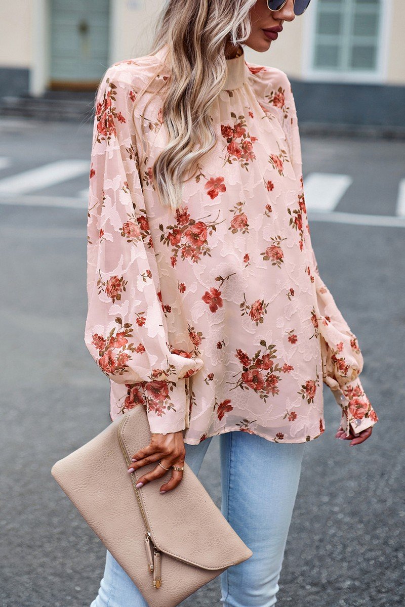 WOMEN LOOSE FIT HIGH NECK FLORAL PRINTING BLOUSE