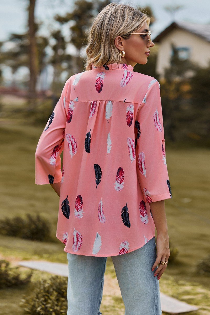 WOMEN FEATHER PRINTING SHIRRED HIGH NECK BLOUSE