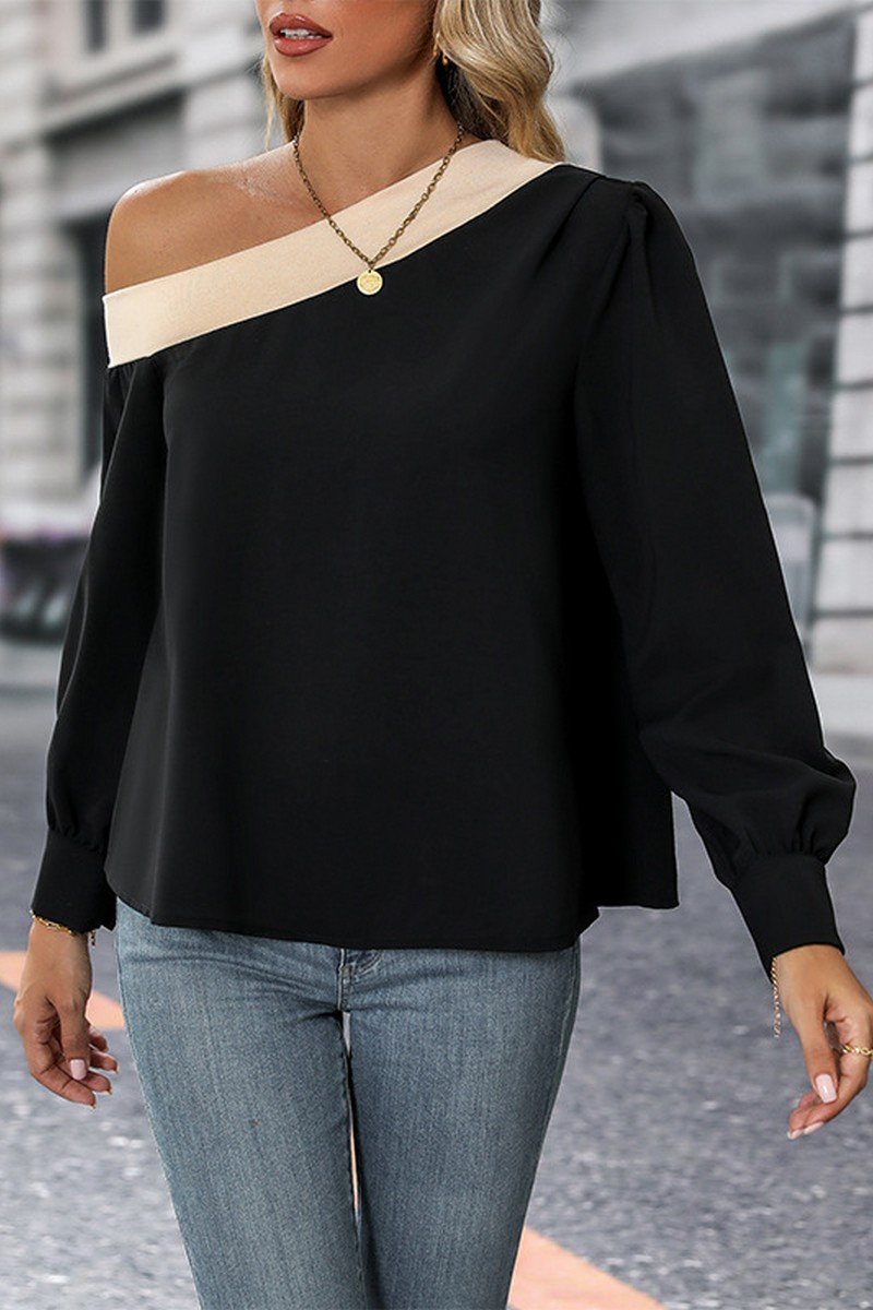 WOMEN COLOR BLOCKED HALF ONE OFF SHOULDER BLOUSE