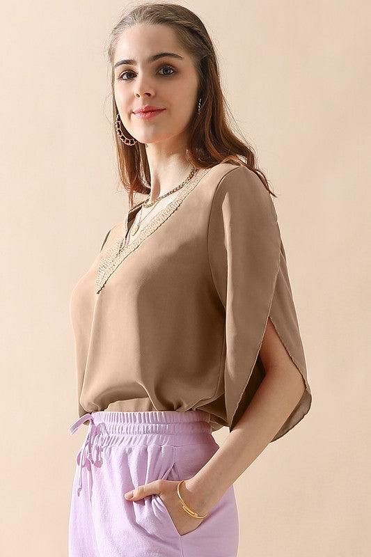 LAYERED V NECK ANGEL SLEEVED BLOUSE TOP - Doublju