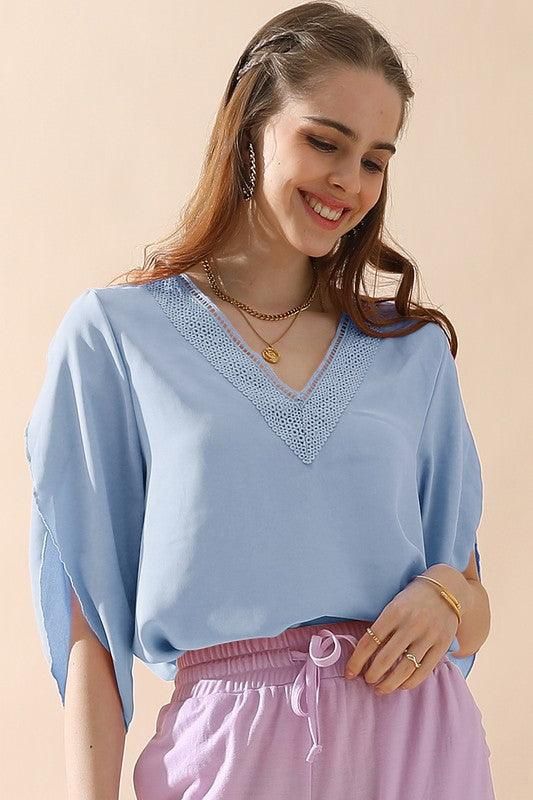 LAYERED V NECK ANGEL SLEEVED BLOUSE TOP - Doublju