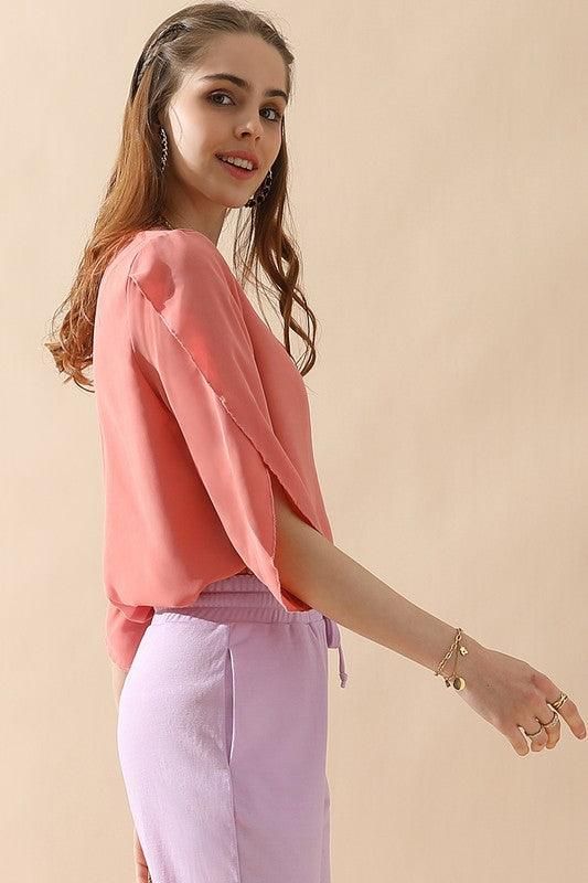 LAYERED V NECK ANGEL SLEEVED BLOUSE TOP - Doublju