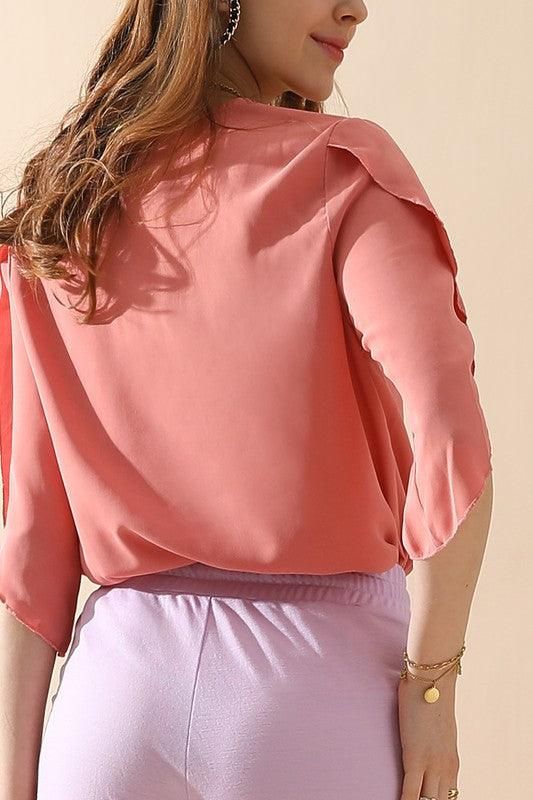 LAYERED V NECK ANGEL SLEEVED BLOUSE TOP - Doublju