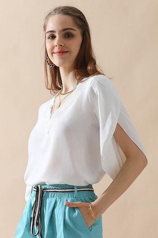 LAYERED V NECK ANGEL SLEEVED BLOUSE TOP - Doublju