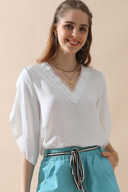 LAYERED V NECK ANGEL SLEEVED BLOUSE TOP - Doublju