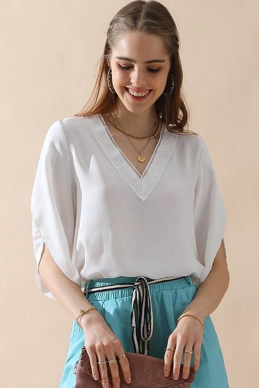 LAYERED V NECK ANGEL SLEEVED BLOUSE TOP - Doublju