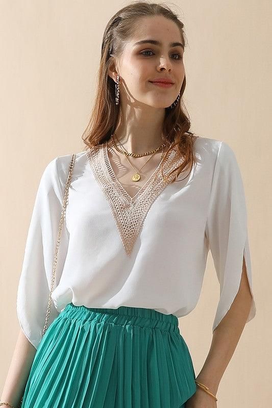 LAYERED V NECK ANGEL SLEEVED BLOUSE TOP - Doublju