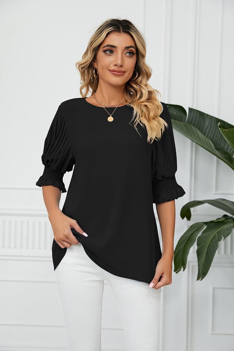 RUFFLED PUFF SHORT SLEEVE LOOSE CHIFFON BLOUSE - Doublju