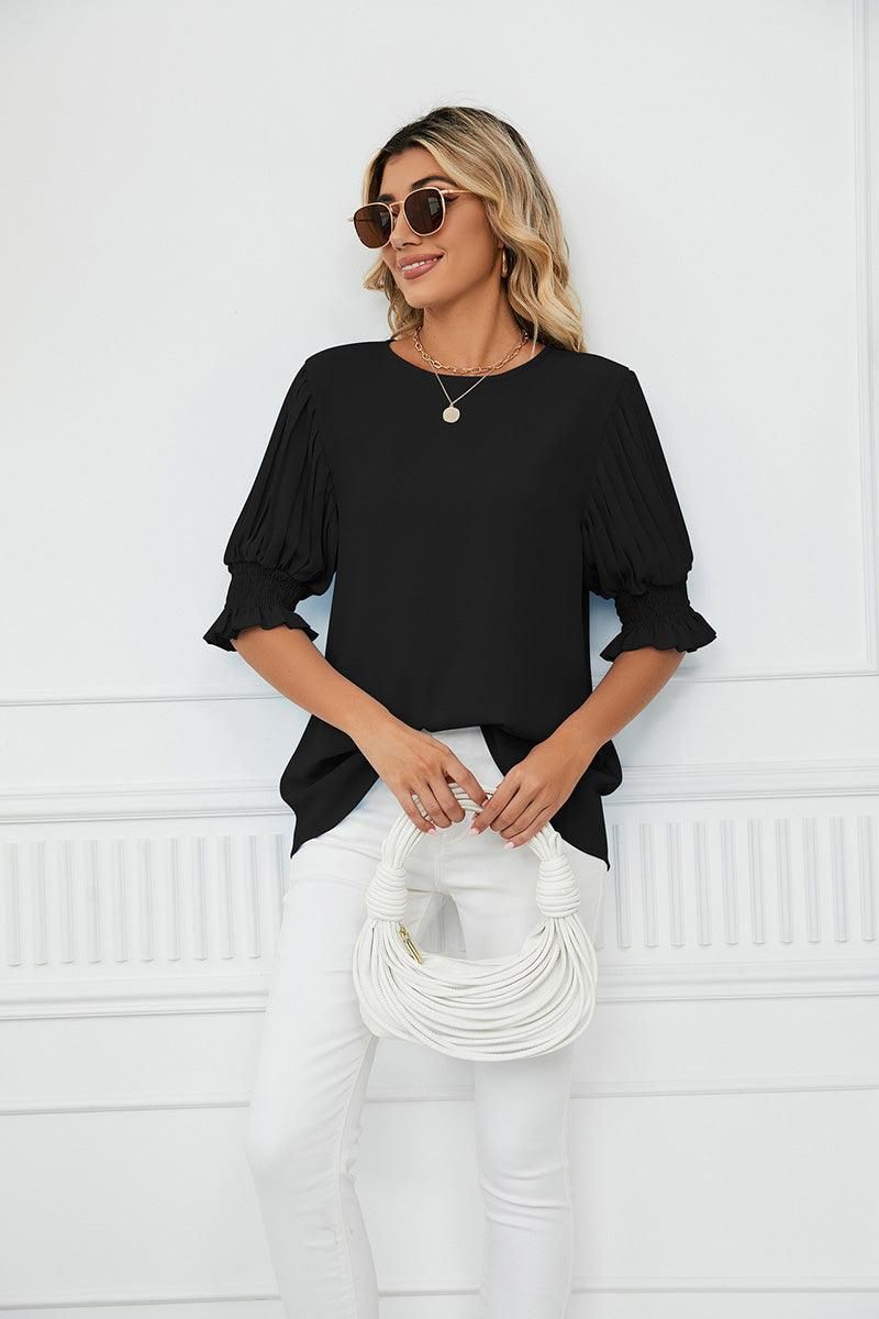 RUFFLED PUFF SHORT SLEEVE LOOSE CHIFFON BLOUSE - Doublju