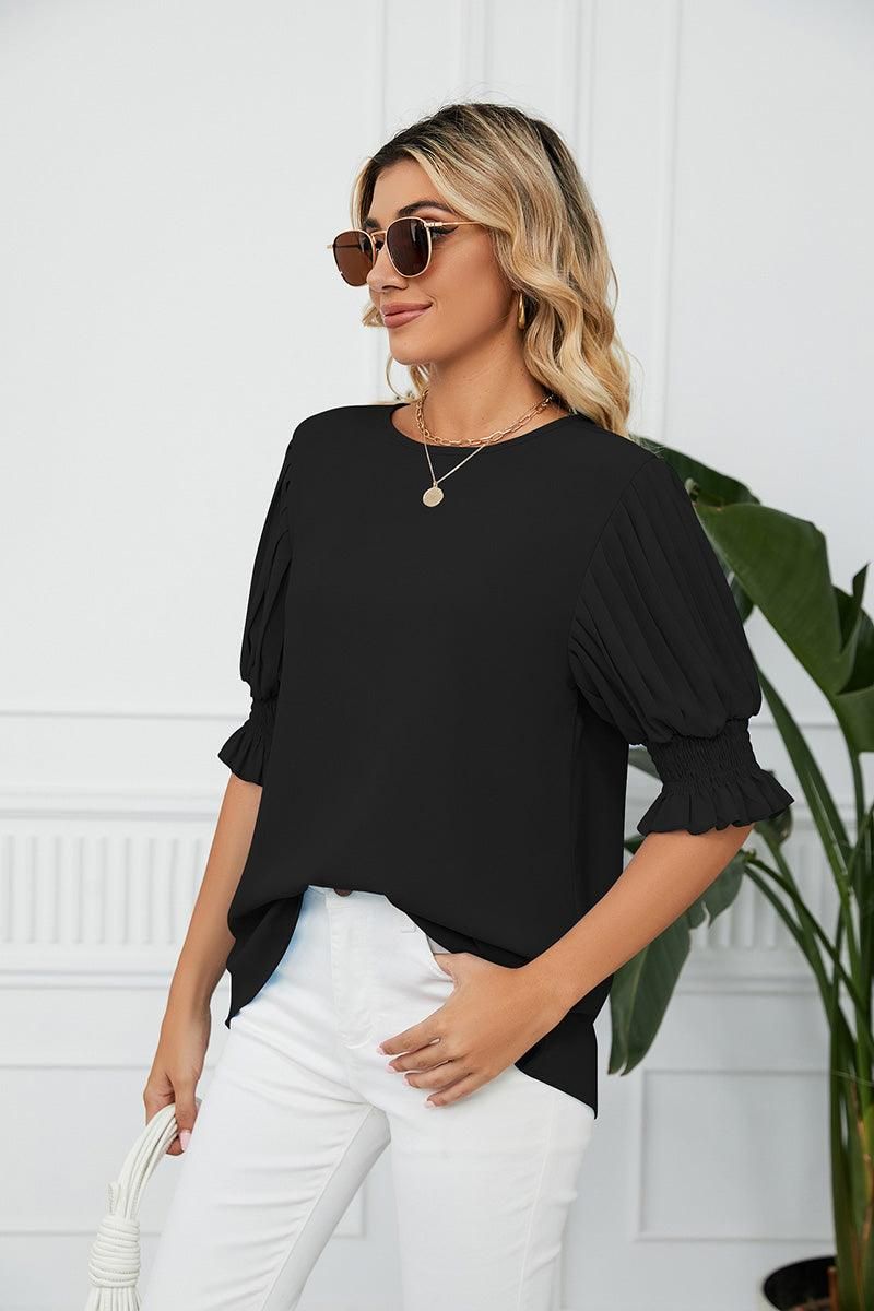 RUFFLED PUFF SHORT SLEEVE LOOSE CHIFFON BLOUSE - Doublju