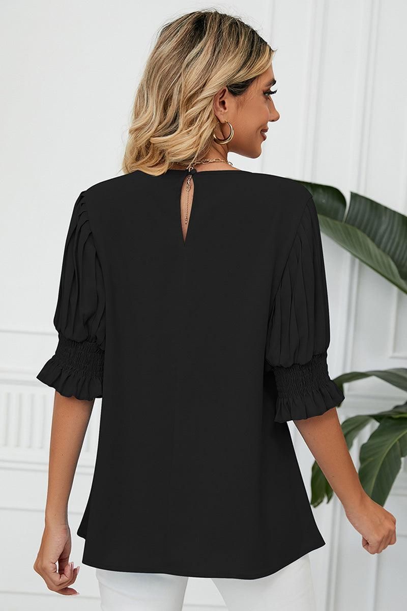 RUFFLED PUFF SHORT SLEEVE LOOSE CHIFFON BLOUSE - Doublju