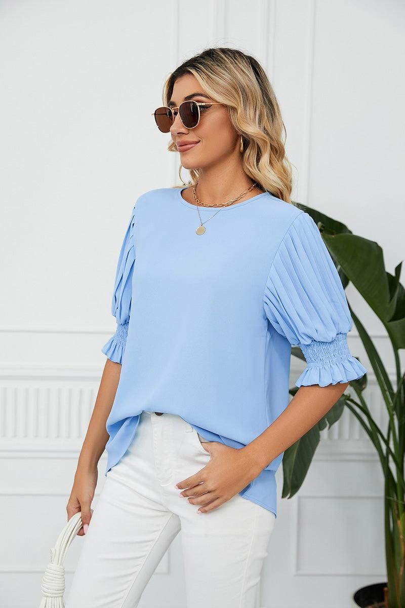 RUFFLED PUFF SHORT SLEEVE LOOSE CHIFFON BLOUSE - Doublju