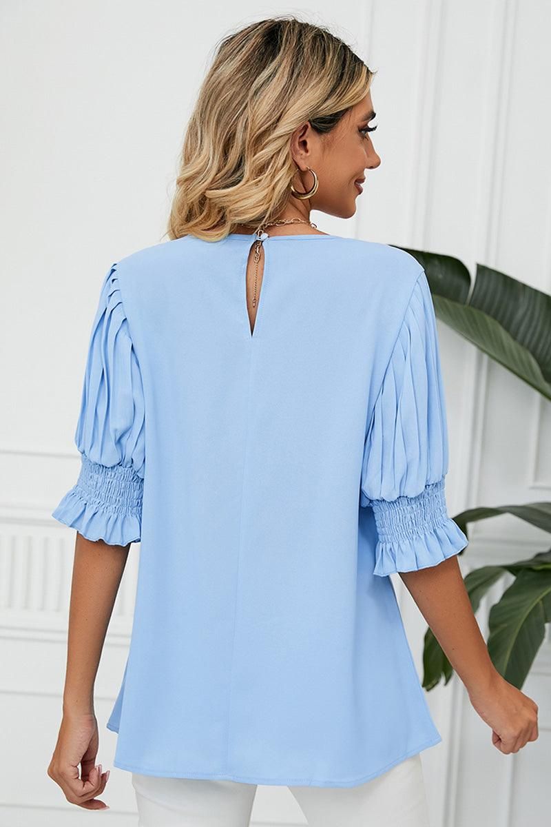 RUFFLED PUFF SHORT SLEEVE LOOSE CHIFFON BLOUSE - Doublju