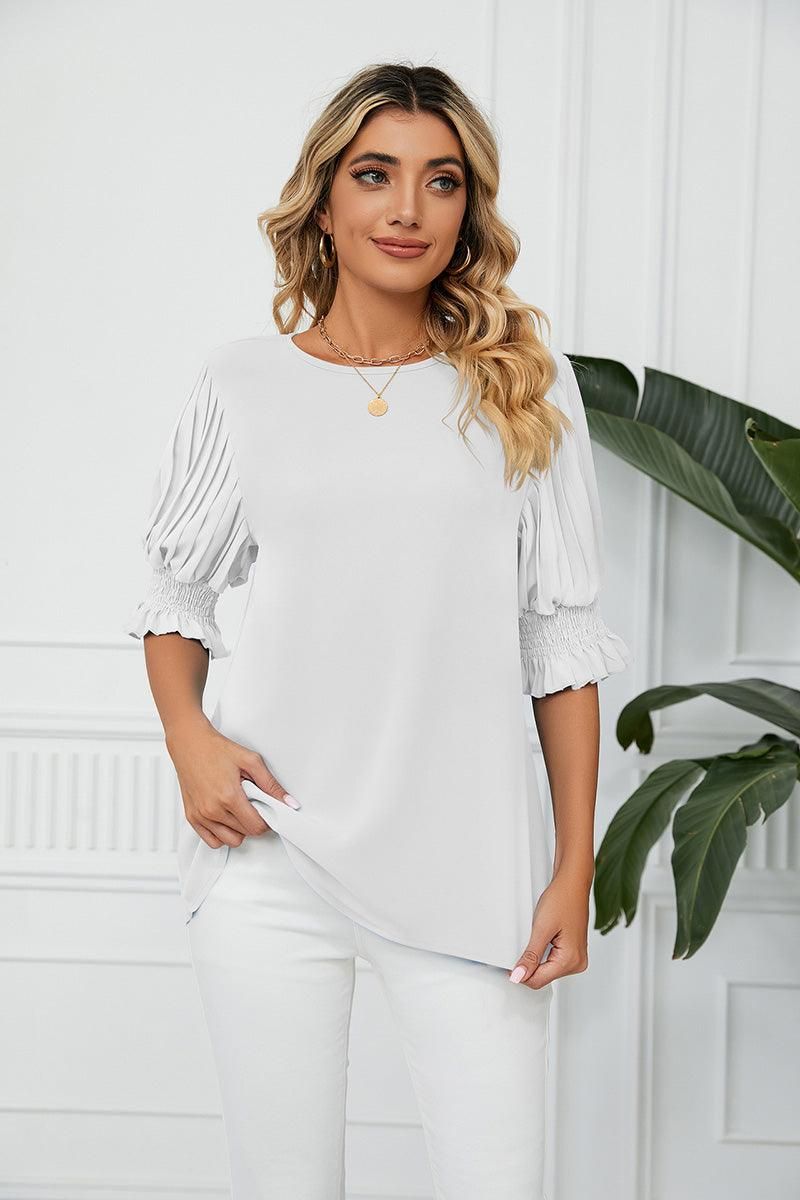 RUFFLED PUFF SHORT SLEEVE LOOSE CHIFFON BLOUSE - Doublju