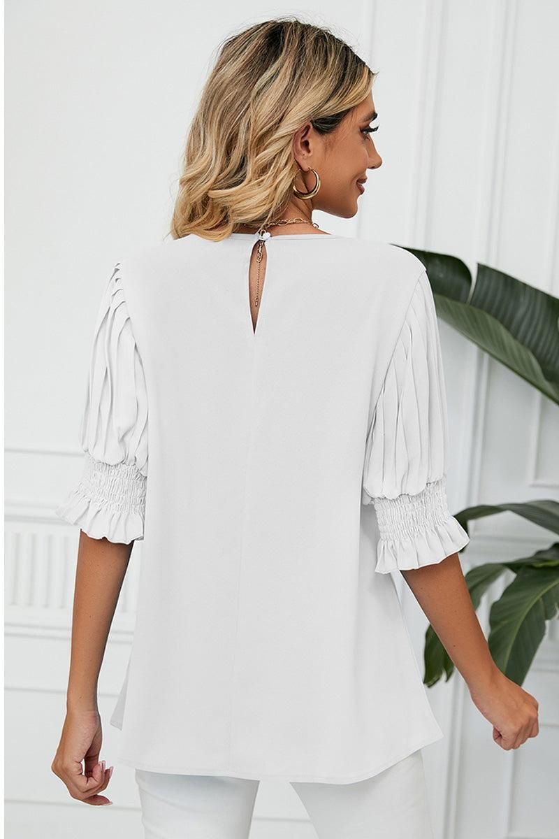 RUFFLED PUFF SHORT SLEEVE LOOSE CHIFFON BLOUSE - Doublju