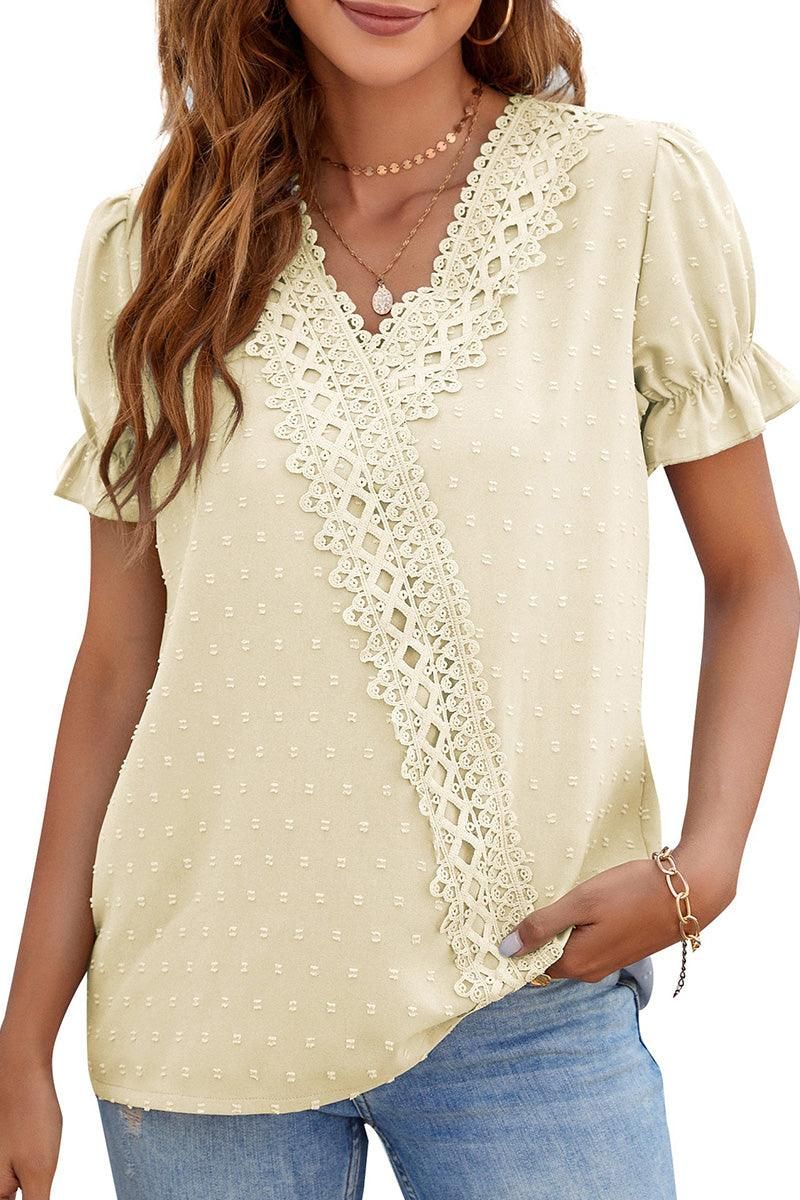 CHIFFON LACE V NECK DOT BLOUSE - Doublju