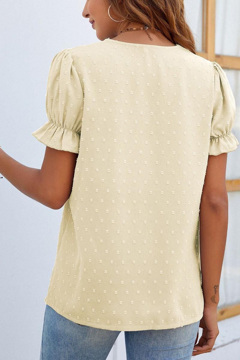 CHIFFON LACE V NECK DOT BLOUSE - Doublju