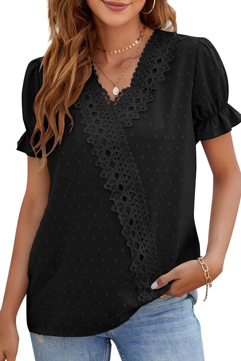 CHIFFON LACE V NECK DOT BLOUSE - Doublju