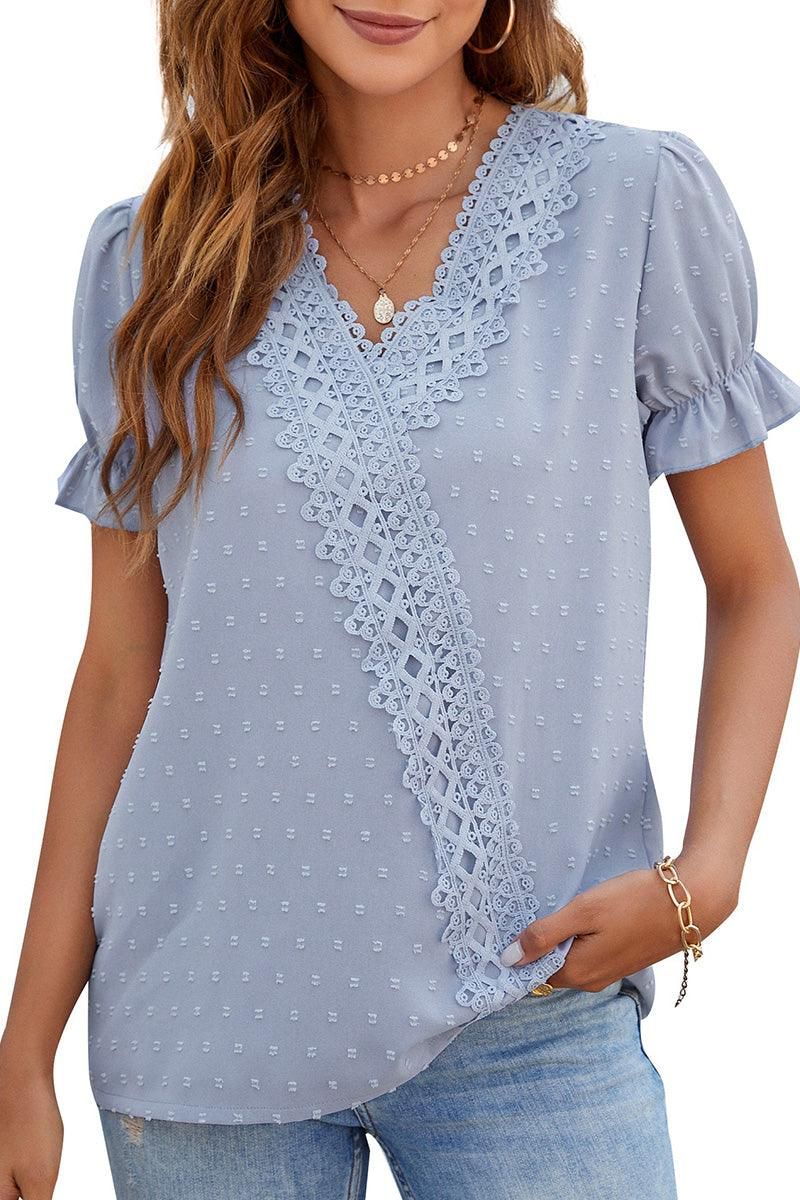 CHIFFON LACE V NECK DOT BLOUSE - Doublju