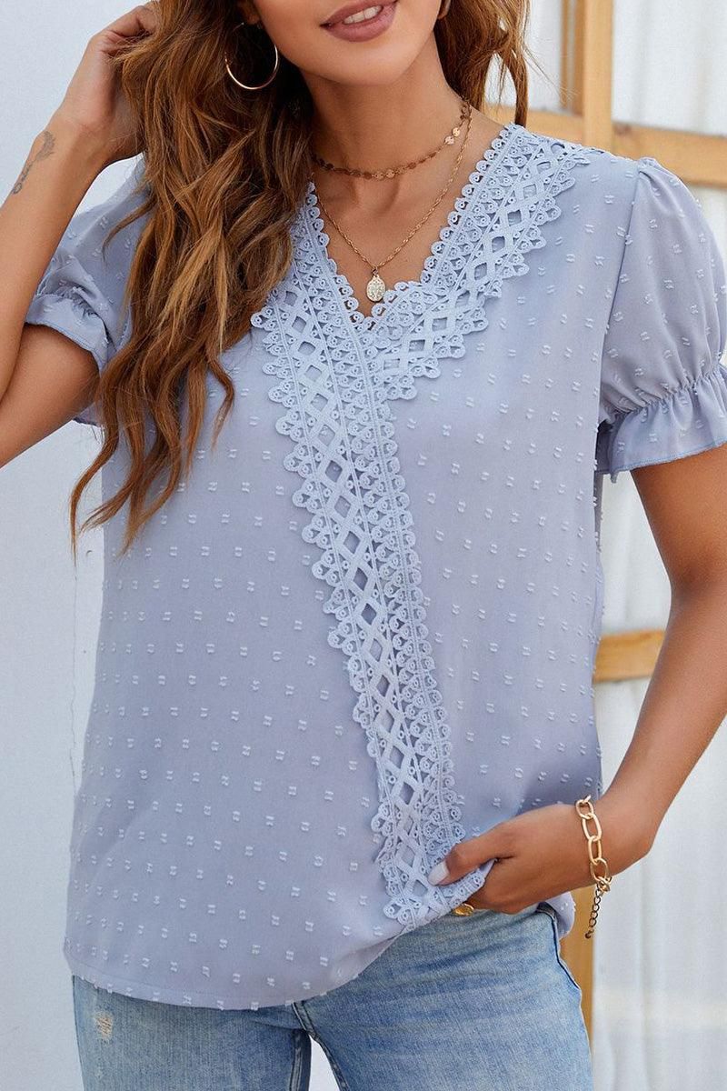 CHIFFON LACE V NECK DOT BLOUSE - Doublju