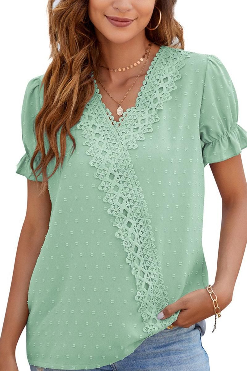 CHIFFON LACE V NECK DOT BLOUSE - Doublju