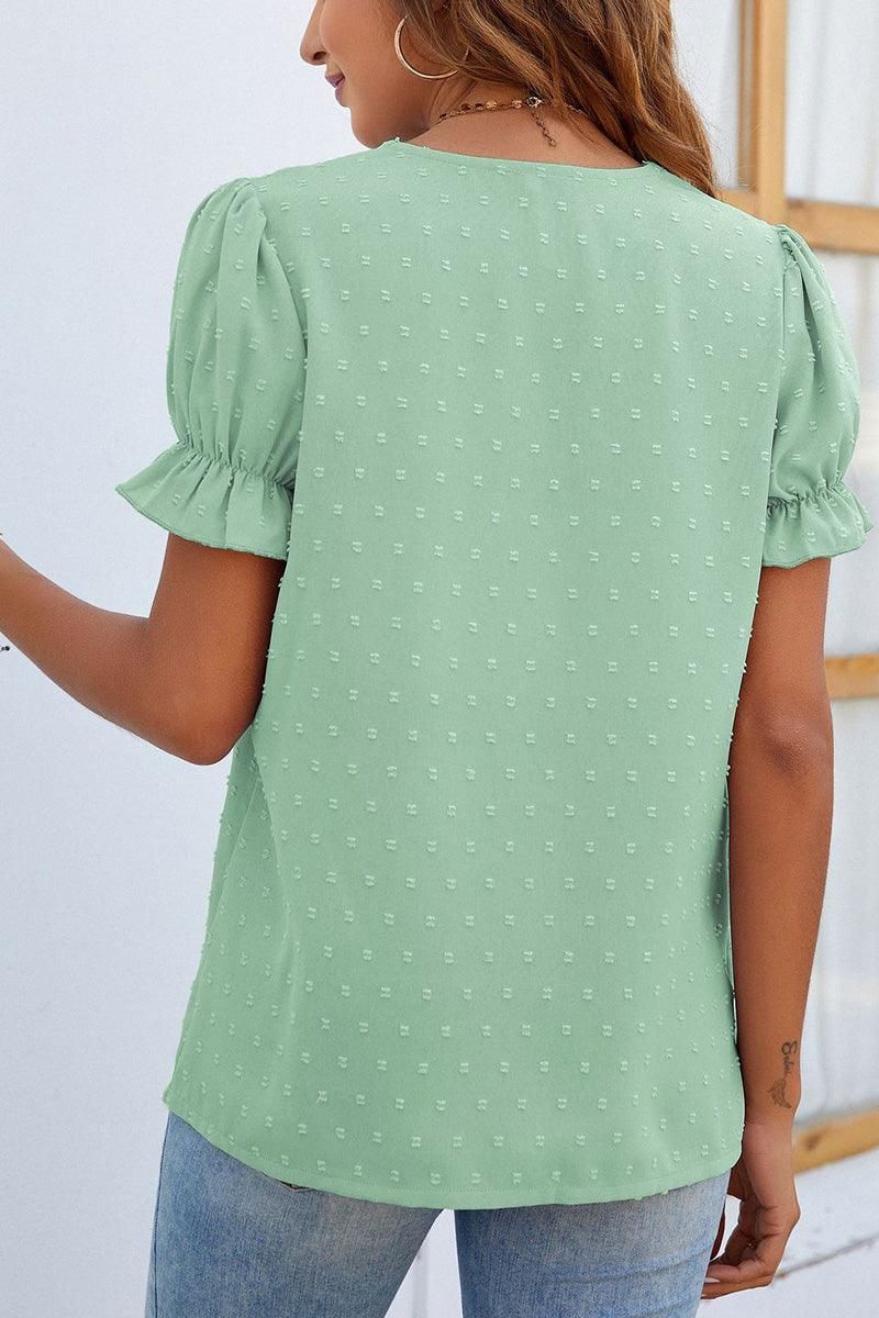 CHIFFON LACE V NECK DOT BLOUSE - Doublju