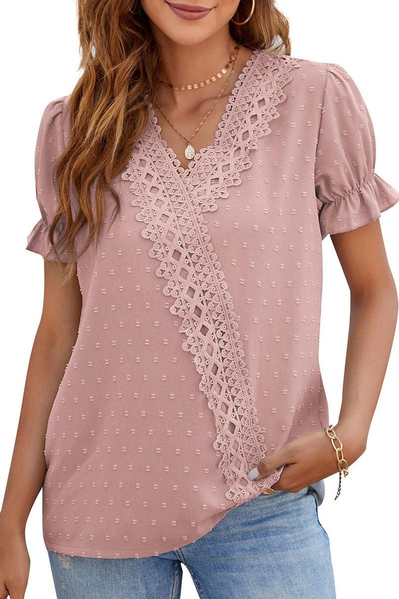 CHIFFON LACE V NECK DOT BLOUSE - Doublju