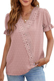 CHIFFON LACE V NECK DOT BLOUSE - Doublju