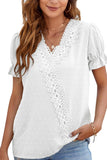 CHIFFON LACE V NECK DOT BLOUSE - Doublju