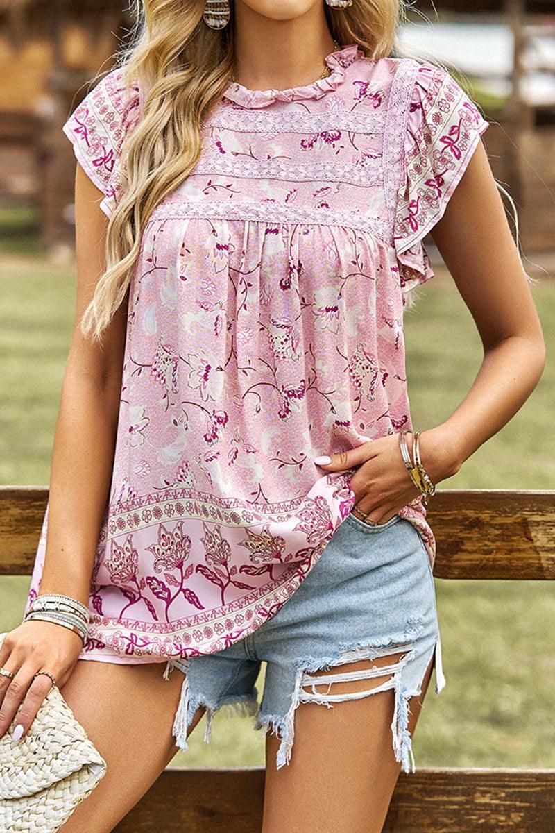 RUFFLED CAP SLEEVES LACE NECK FLORAL TUNIC TOP - Doublju