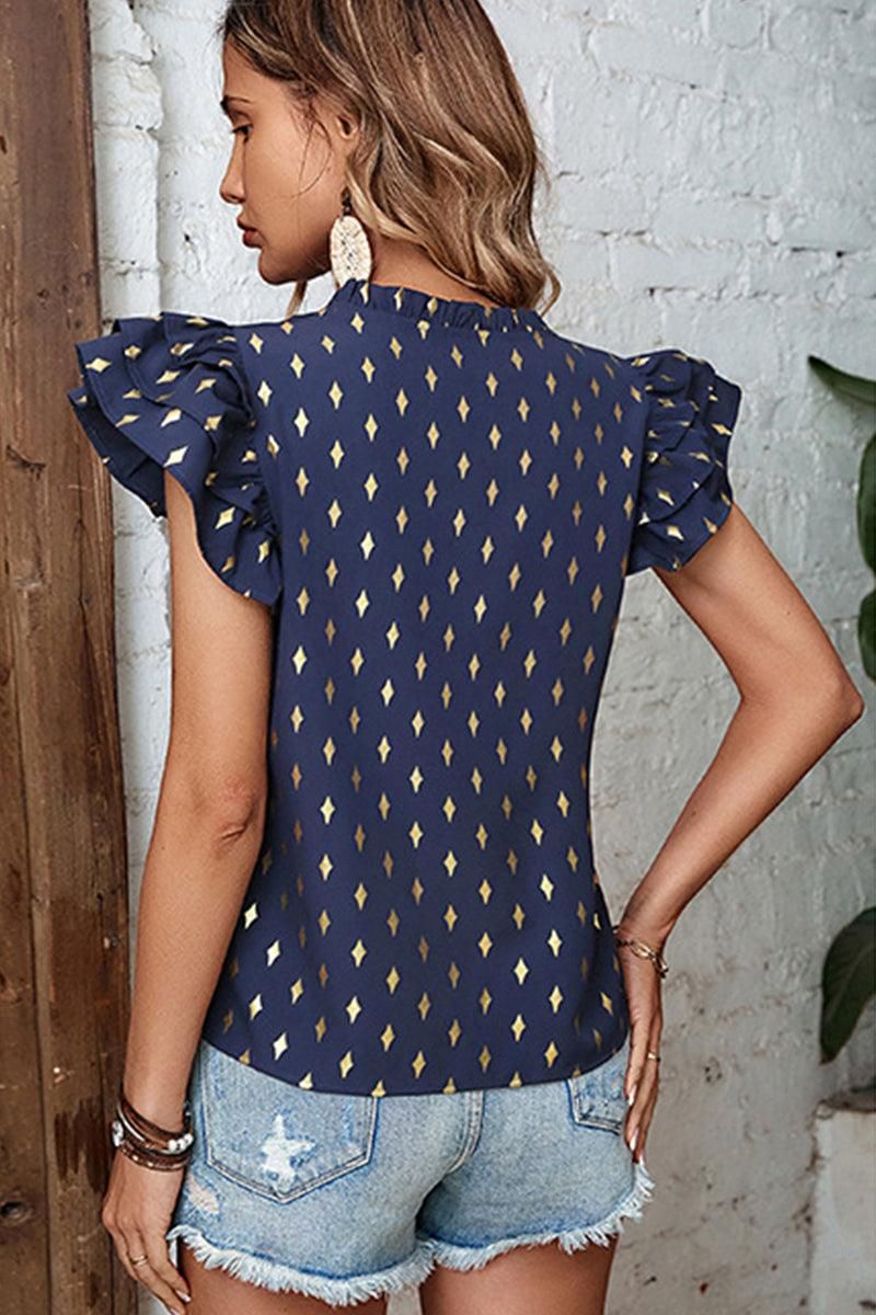 DIAMOND PATTERN V NECK CAN CAN SLEEVE BLOUSE - Doublju