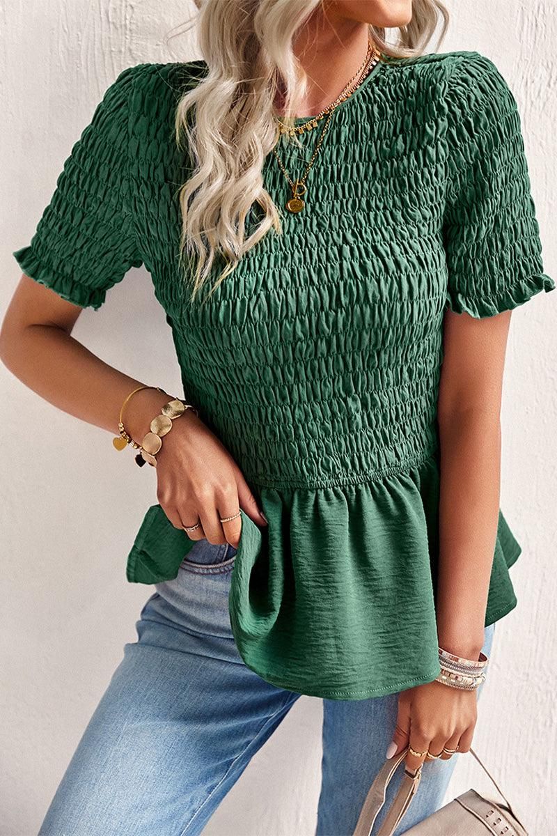 SMOKED RUFFLE SHORT SLEEVE TUNIC TOP - Doublju