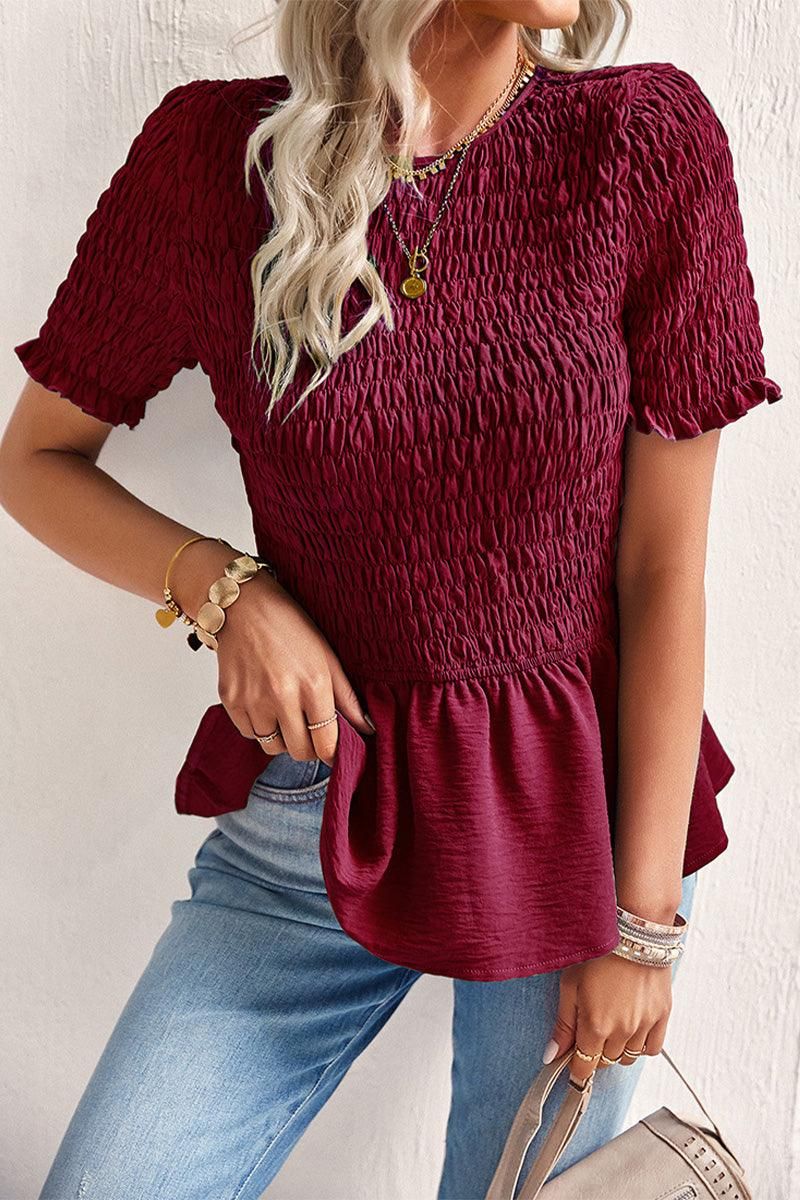 SMOKED RUFFLE SHORT SLEEVE TUNIC TOP - Doublju