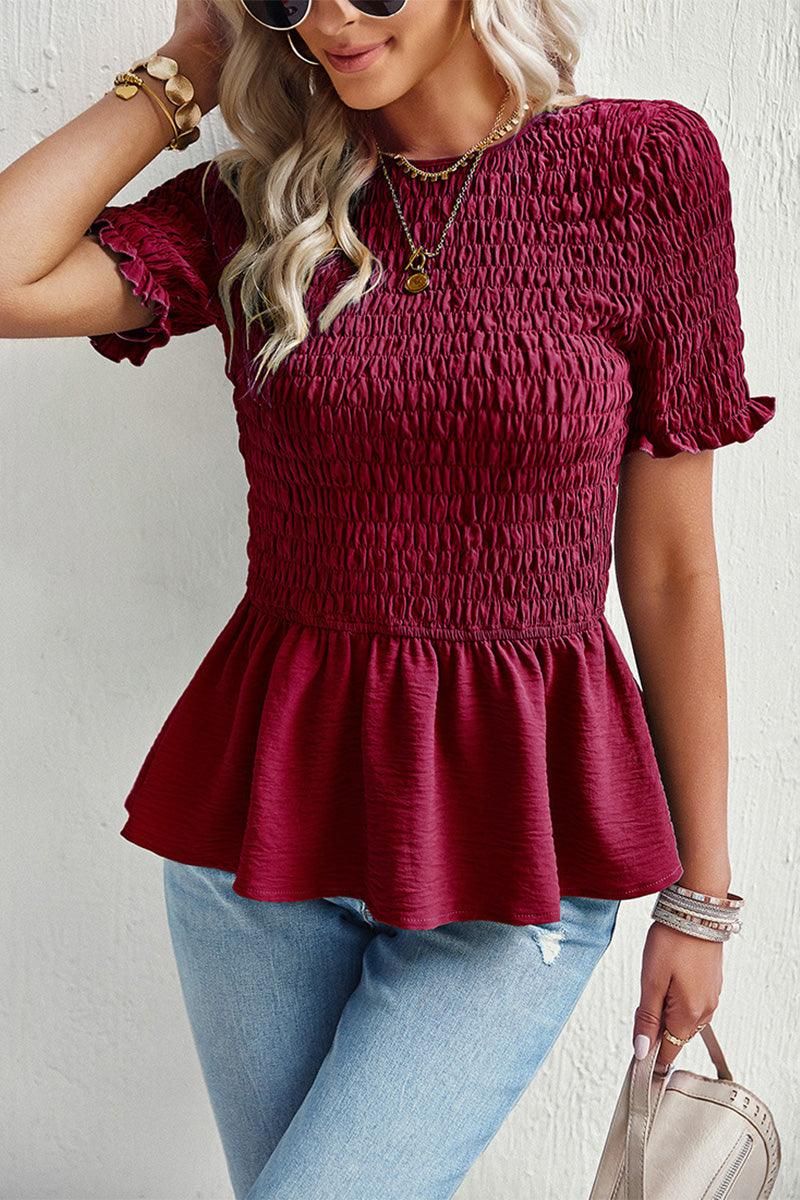 SMOKED RUFFLE SHORT SLEEVE TUNIC TOP - Doublju