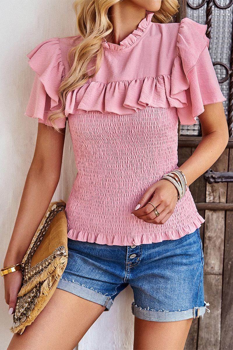 HIGH NECK PRINCESS SHOULDER SMOKED TOP - Doublju