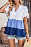 BUTTON UP COLOR BLOCK RUFFLED TUNIC TOP - Doublju