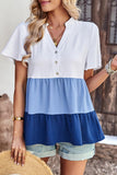 BUTTON UP COLOR BLOCK RUFFLED TUNIC TOP - Doublju