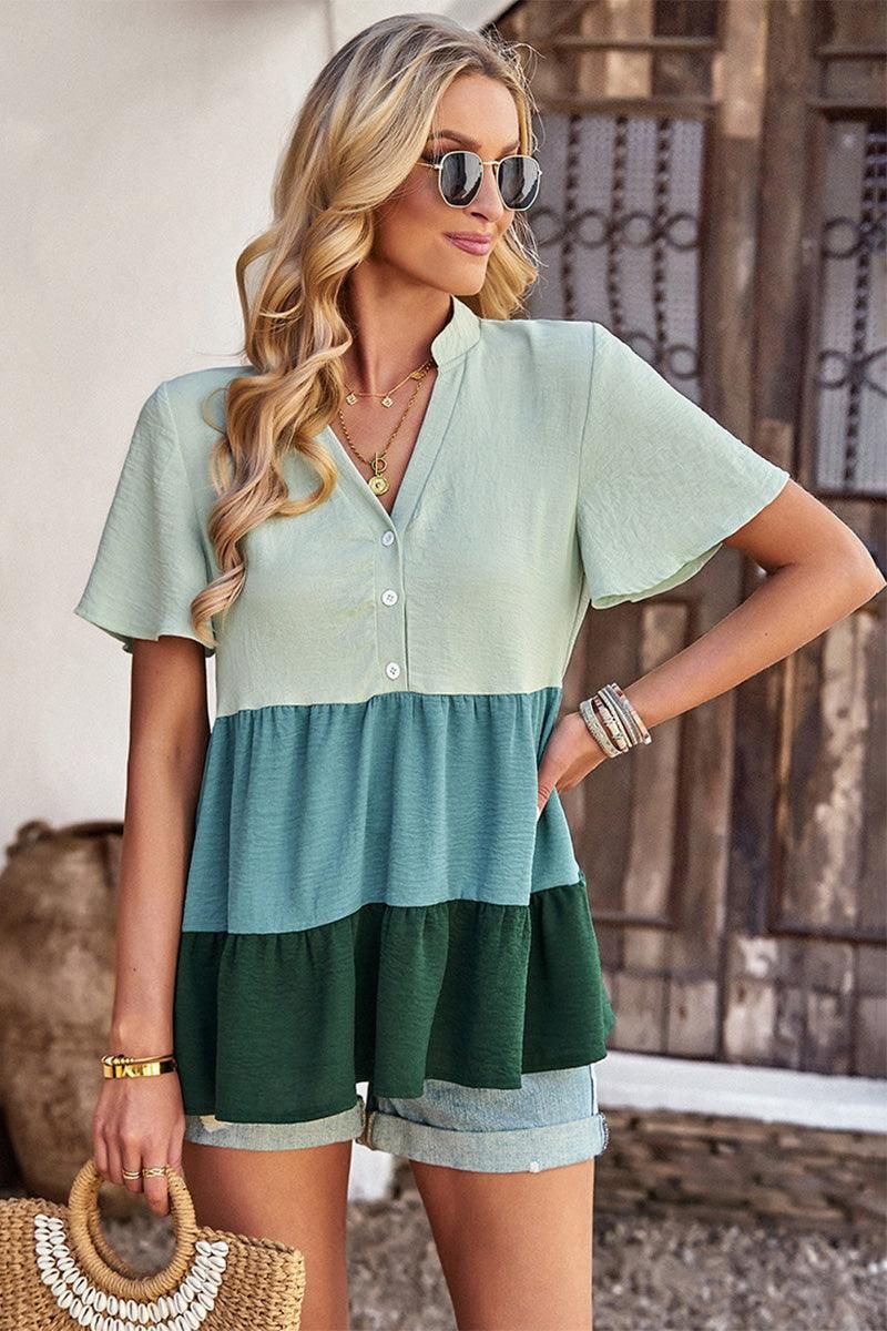 BUTTON UP COLOR BLOCK RUFFLED TUNIC TOP - Doublju