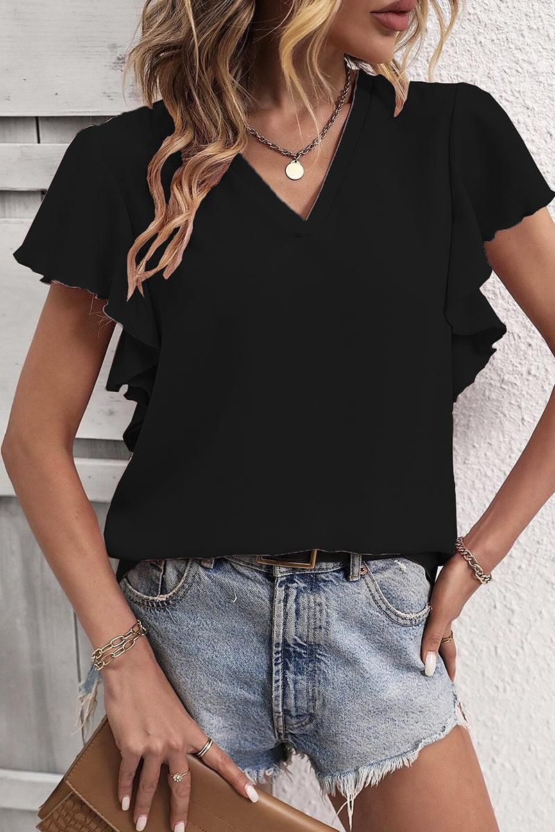 V NECK FLOUNCE SHORT SLEEVE BLOUSE - Doublju