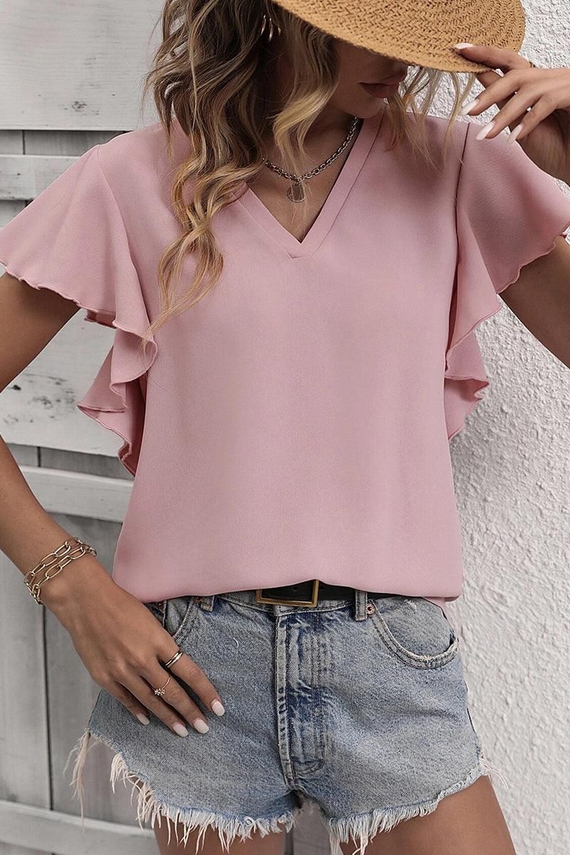 V NECK FLOUNCE SHORT SLEEVE BLOUSE - Doublju