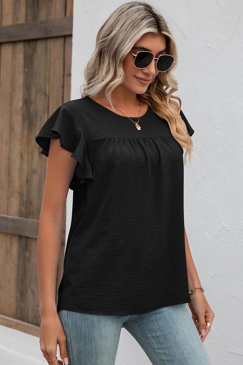 SHORT RUFFLE SLEEVE LOOSE CHIFFON TUNIC TOP - Doublju