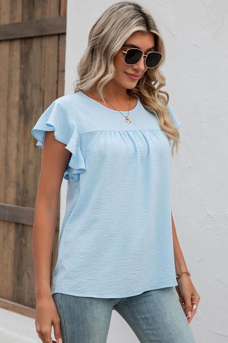 SHORT RUFFLE SLEEVE LOOSE CHIFFON TUNIC TOP - Doublju