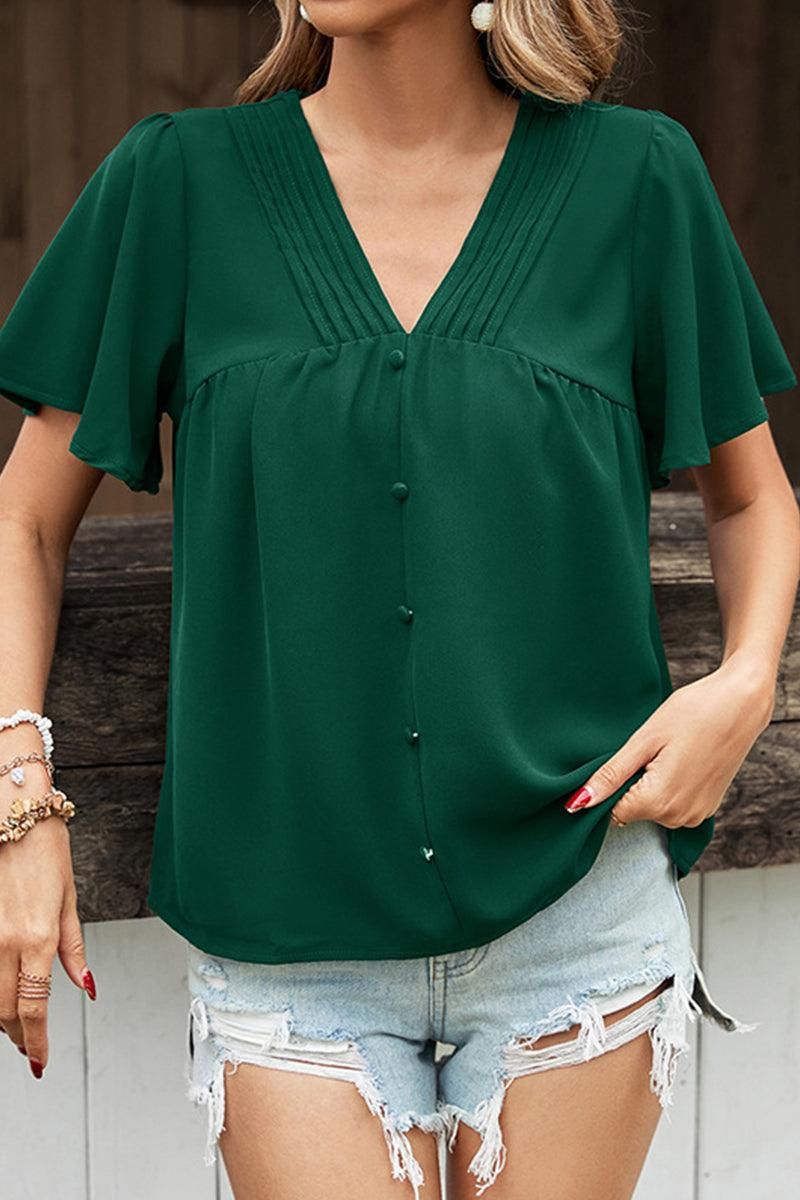 RUFFLED SLEEVE V NECK BUTTON BLOUSE - Doublju